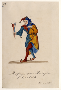 32721 Afbeelding van een kostuumontwerp van de hofnar van hertogin Elisabeth, figurant in de maskerade van de studenten ...